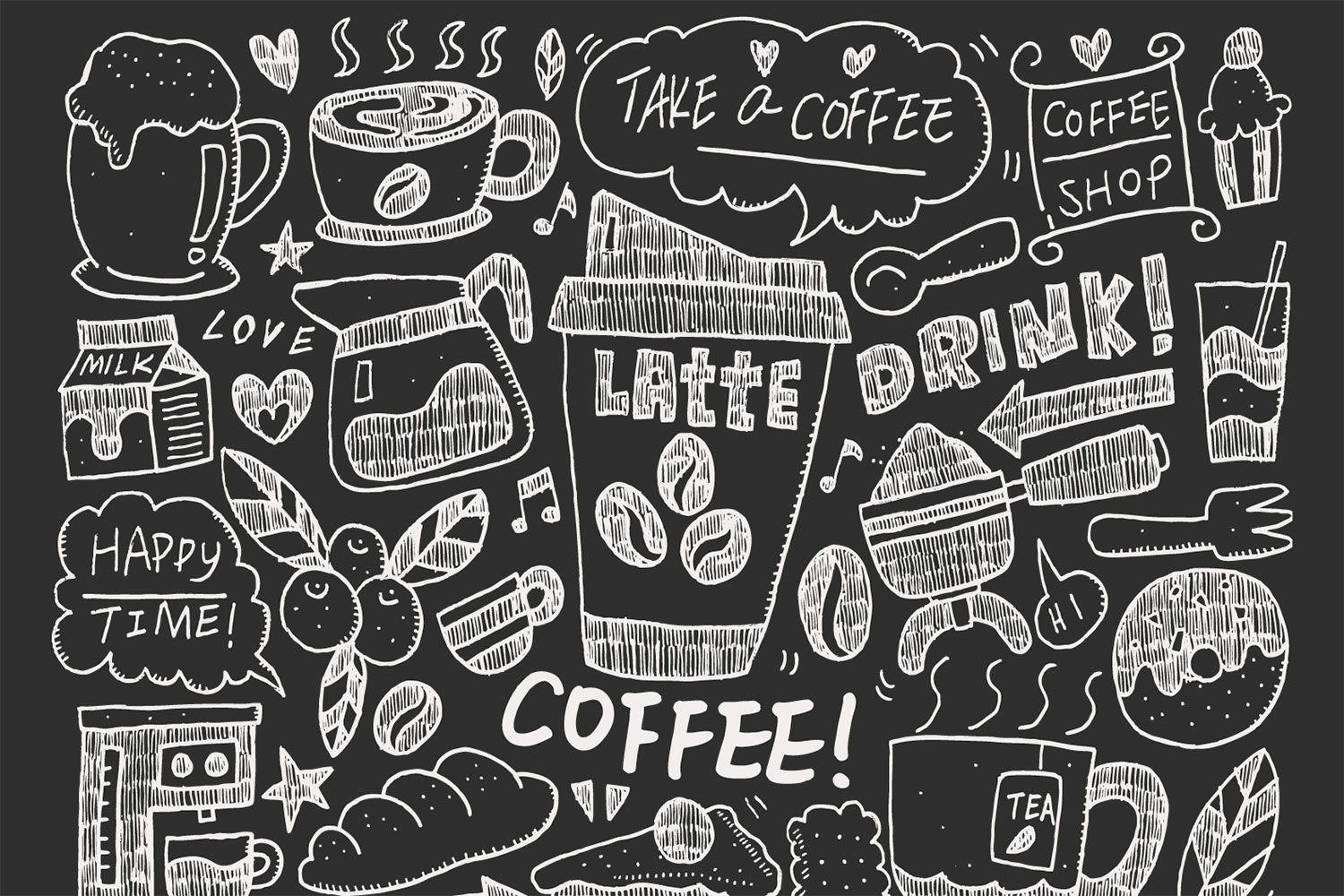 Kaffee Kritzelei, Café Dekor, Bohnen, Tasse, Café Kunst, 1500x1000 HD Desktop