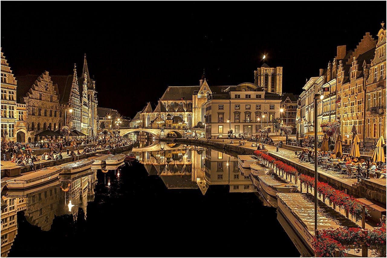 Gent, Belgien, Nacht, Kanal, Gebäude, 1280x860 HD Desktop