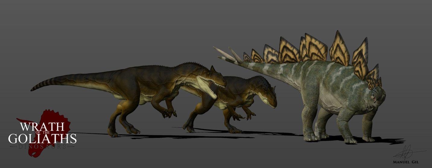 Allosaurus, Stegosaurus, Dinosaurierkampf, Bildschirmhintergrund, Mobile Hintergründe, 1440x560 Dual Screen Desktop