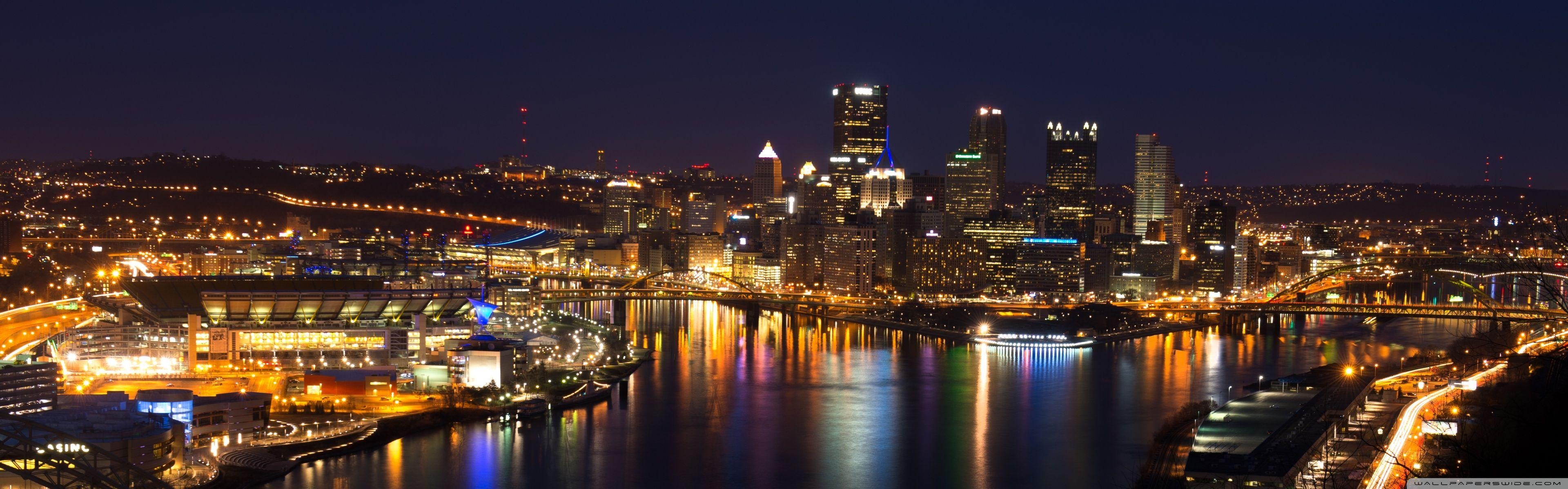 Pittsburgh, Skyline, Ultra HD, Hintergrundbild, Nachtansicht, 3840x1200 Dual Screen Desktop