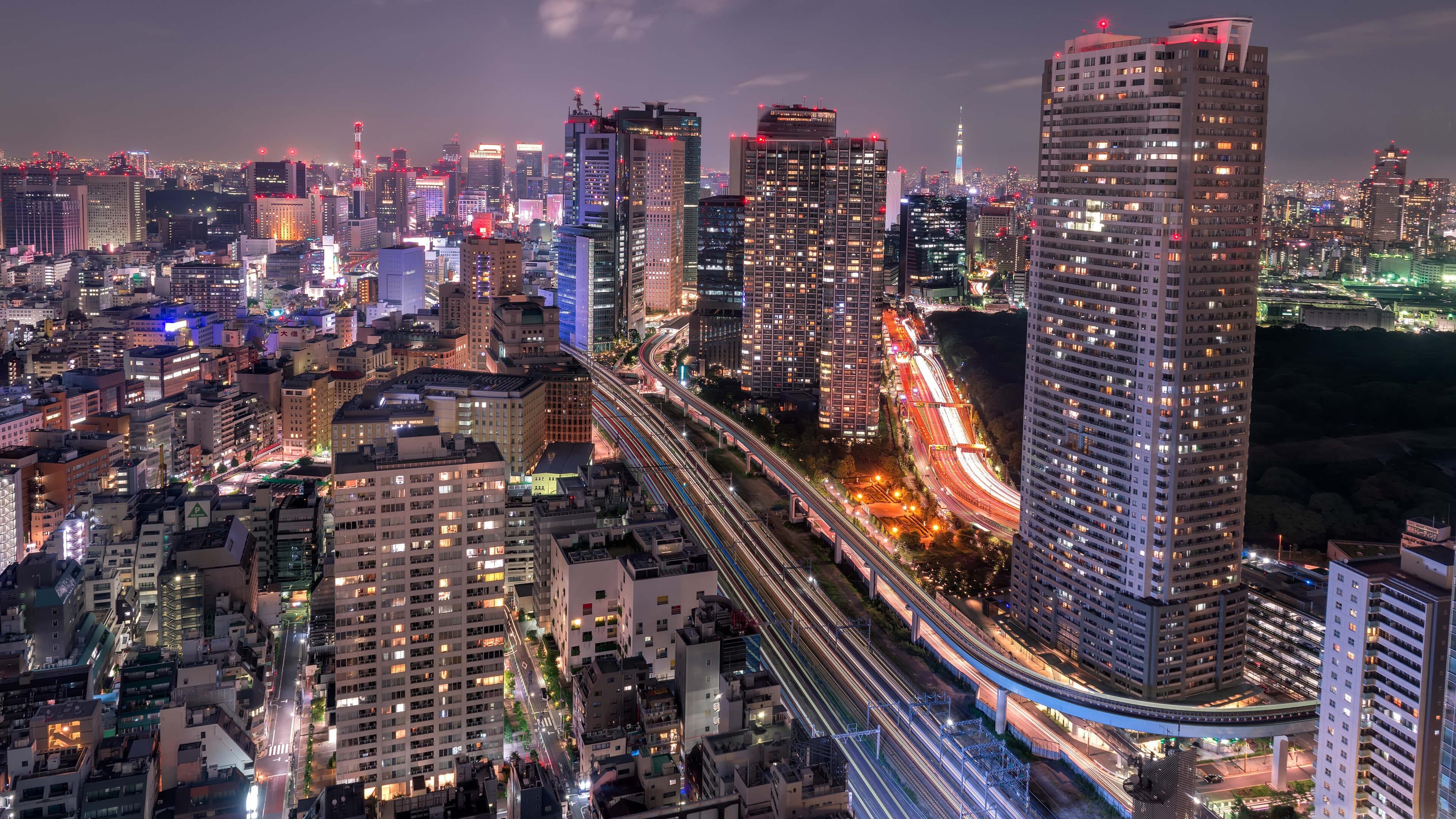 Shiodome, Skyline, Nacht, Minato, Tokyo, 3840x2160 4K Desktop