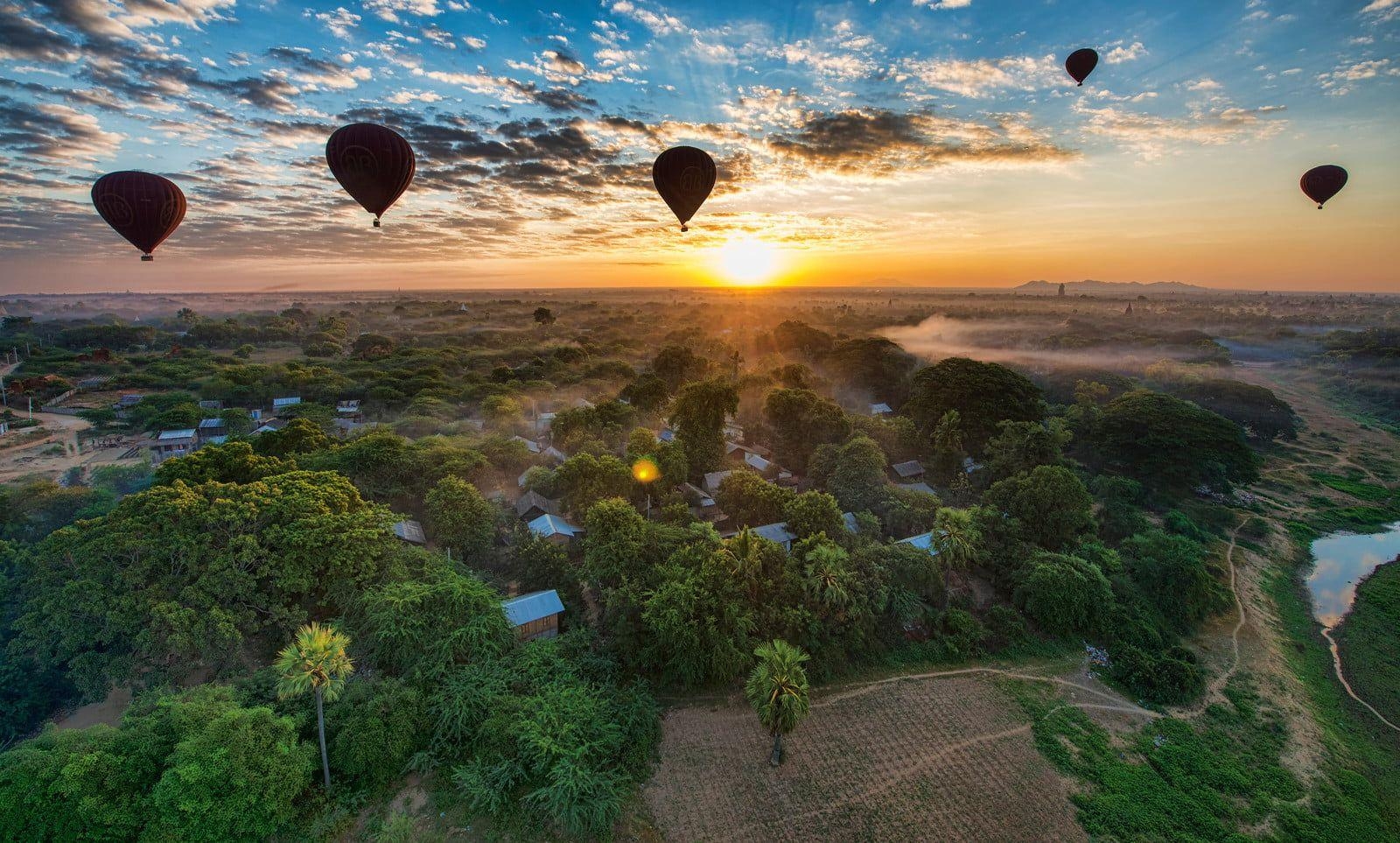 Bagan, Heißluftballon, Sonnenuntergang, Schwarz, Fliegen, 1600x970 HD Desktop