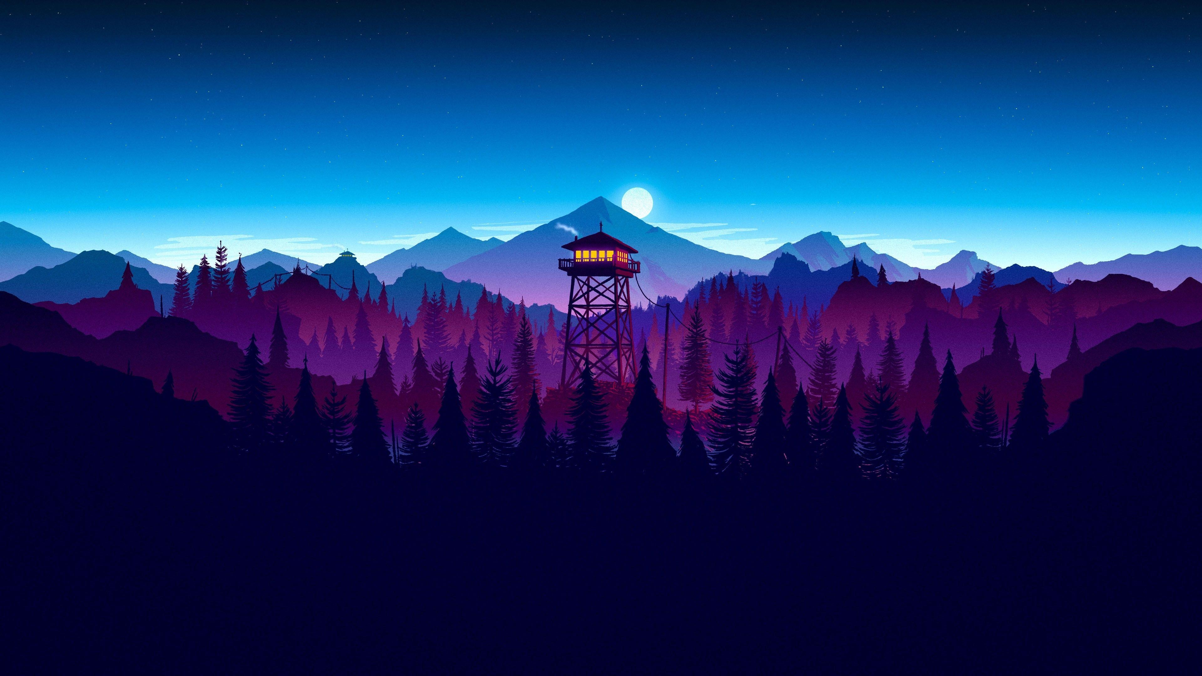 Firewatch, Nachtwald, Spiele, Lila Stimmung, Abenteuer, 3840x2160 4K Desktop