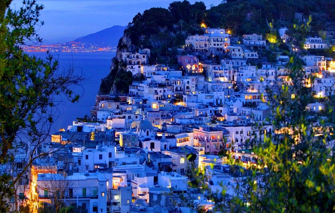 Meer, Lichter, Abend, Italien, Capri, 1340x850 HD Desktop