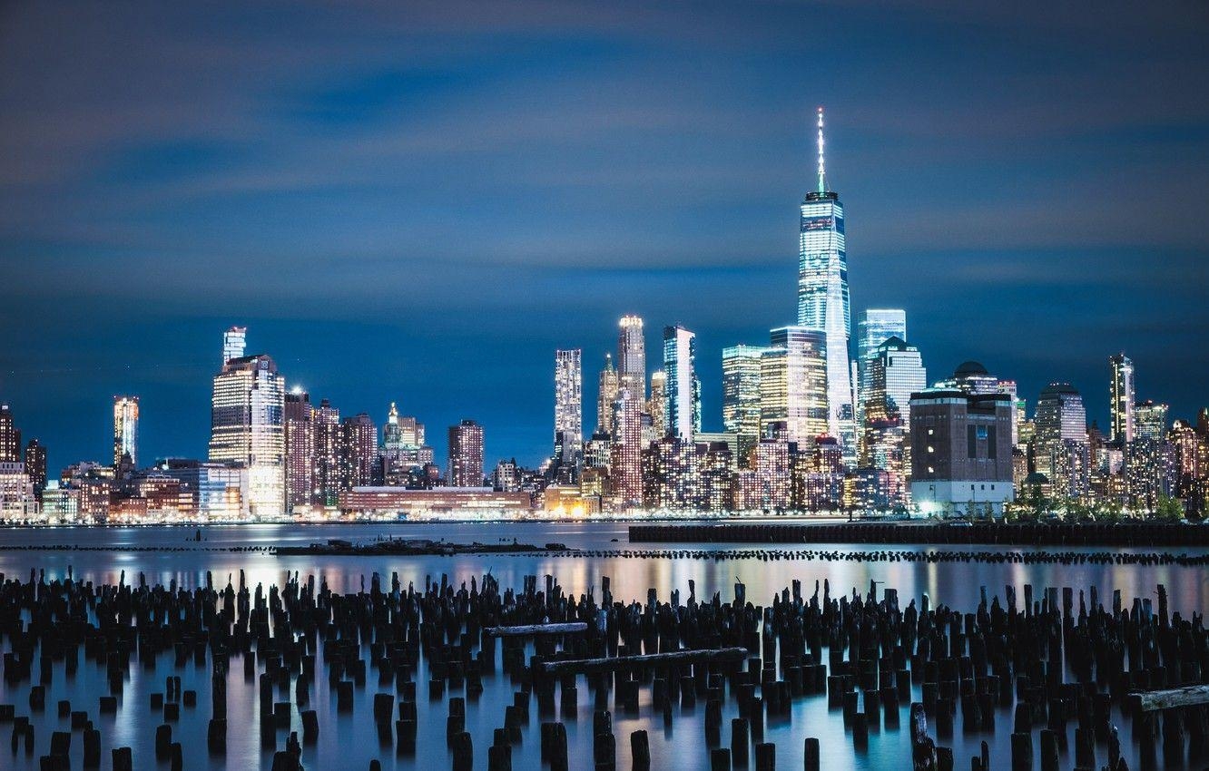 Jersey City, Nacht, Wolkenkratzer, Hafen, Marina, 1340x850 HD Desktop