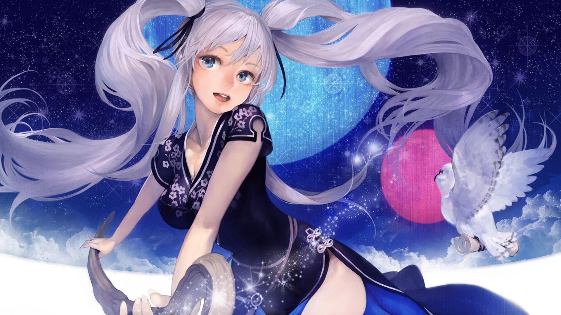 Mabinogi, Blauaugen, Sterne, Tiere, Mond, 1920x1080 Full HD Desktop