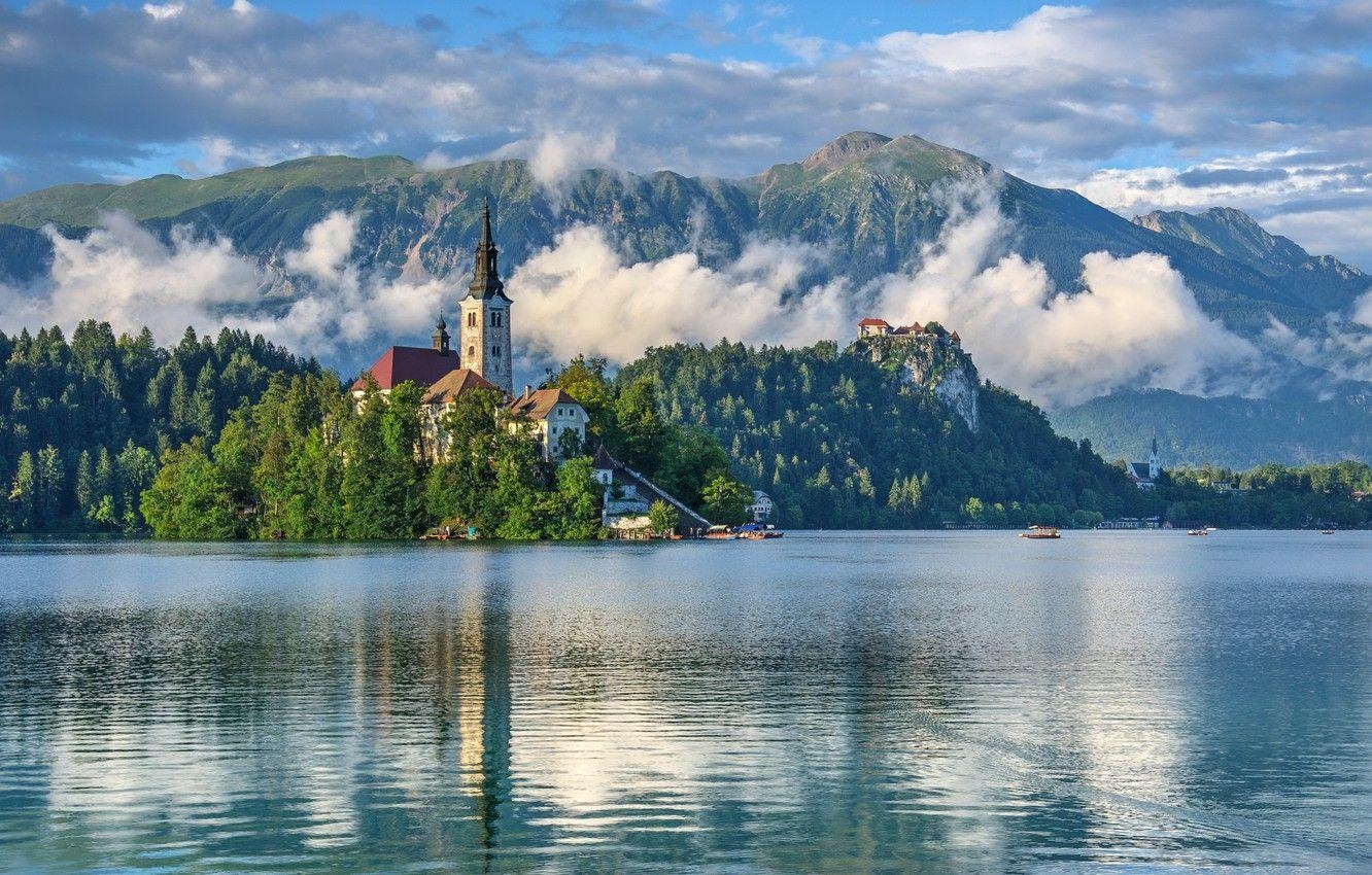 Bergsee, Kirche, Insel, Landschaft, Slowenien, 1340x850 HD Desktop