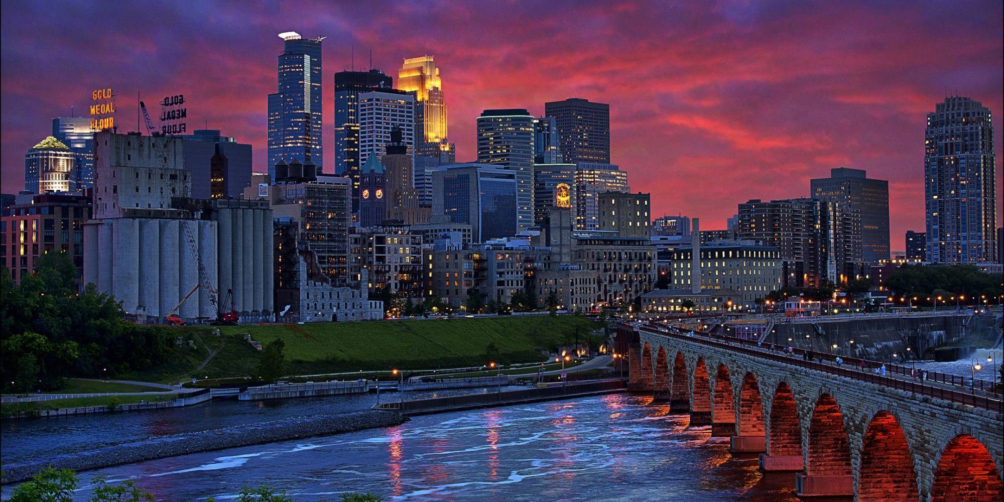 Minneapolis, Stadtansicht, Fluss, Brücken, Nachtleben, 2000x1000 Dual Screen Desktop