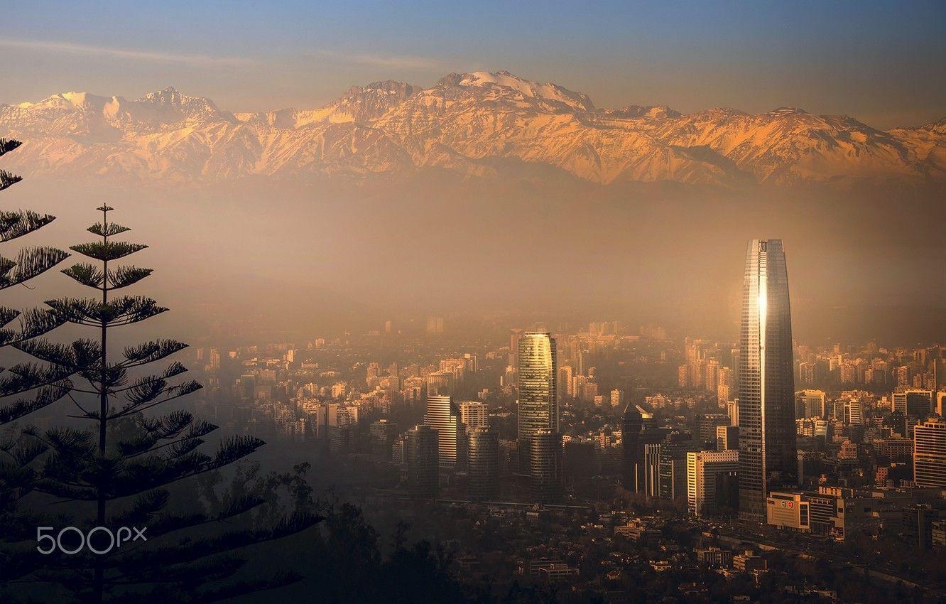 Santiago Chile, Nebel, Berge, Licht, Stadt, 1340x850 HD Desktop