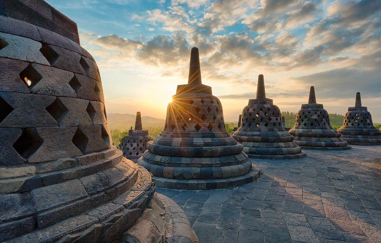 Sonnenstrahlen, Abendstimmung, Borobudur, Landschaft, Beleuchtung, 1340x850 HD Desktop