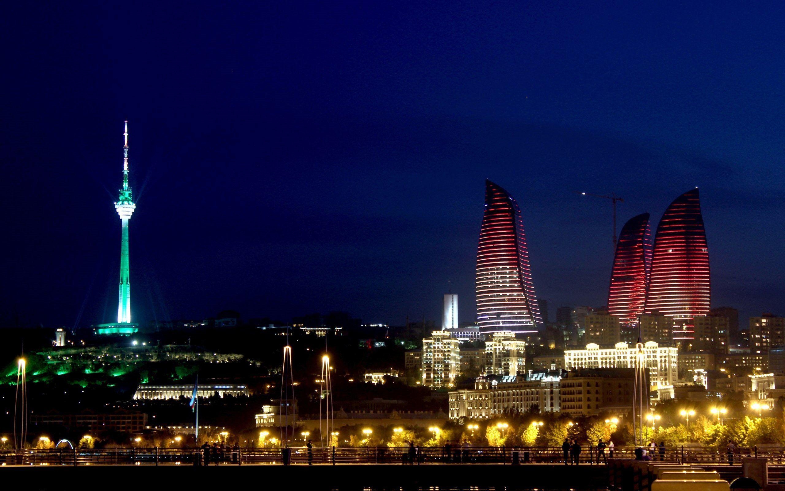 Baku, Skyline, Nacht, Lichter, Download, 2560x1600 HD Desktop