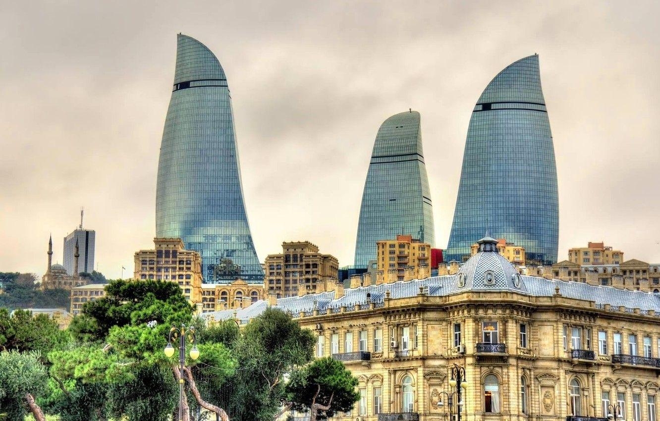 Aserbaidschan, Baku, Flammentürme, Architektur, Nachtbild, 1340x850 HD Desktop