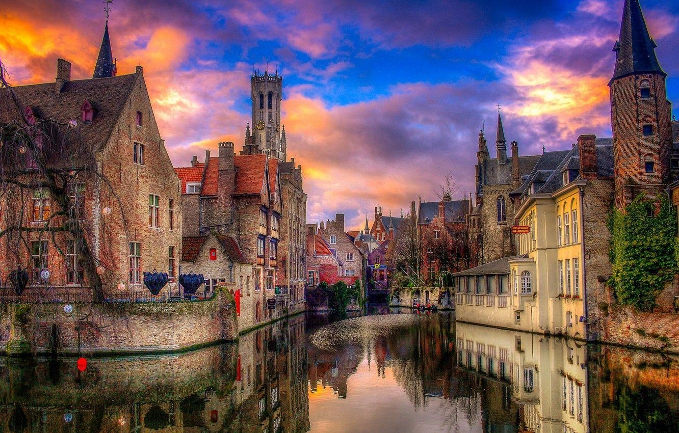 Belgien, Abend, Brügge, Stadtbild, Romantik, 1340x850 HD Desktop