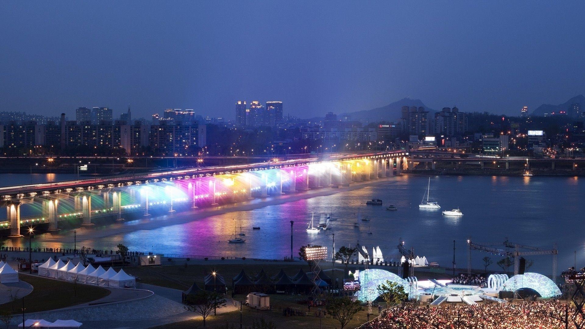 Han-Flussbrücke, Regenbogen, Nacht, Seoul, Südkorea, 1920x1080 Full HD Desktop