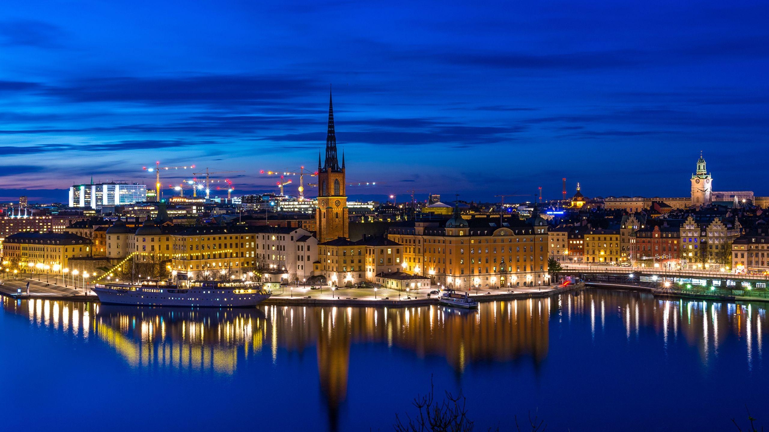 Stockholm, Schiffe, Nacht, Pier, Schweden, 2560x1440 HD Desktop