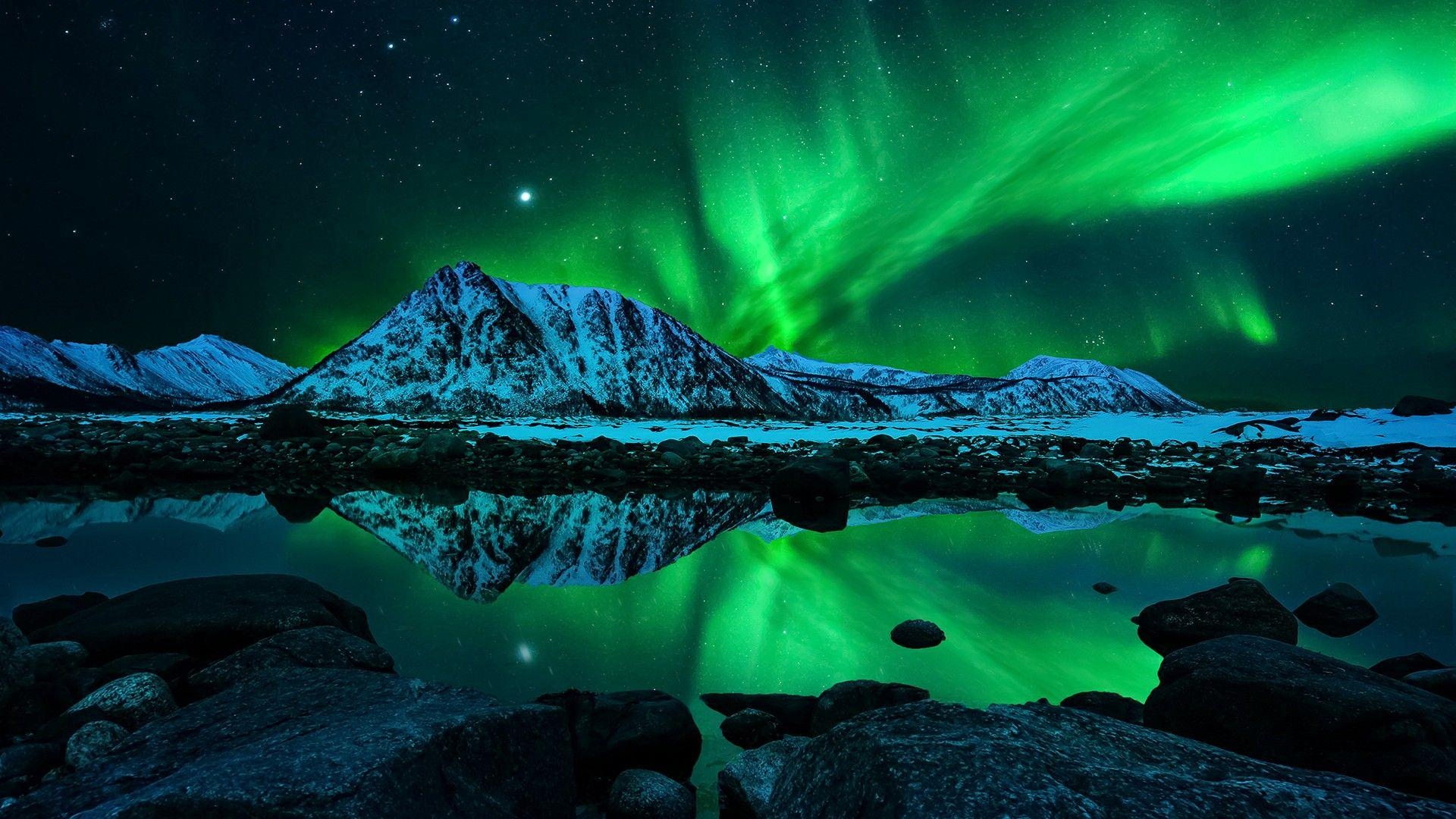 Grün, Aurora Borealis, Reflexion, HD, Nachthimmel, 1920x1080 Full HD Desktop