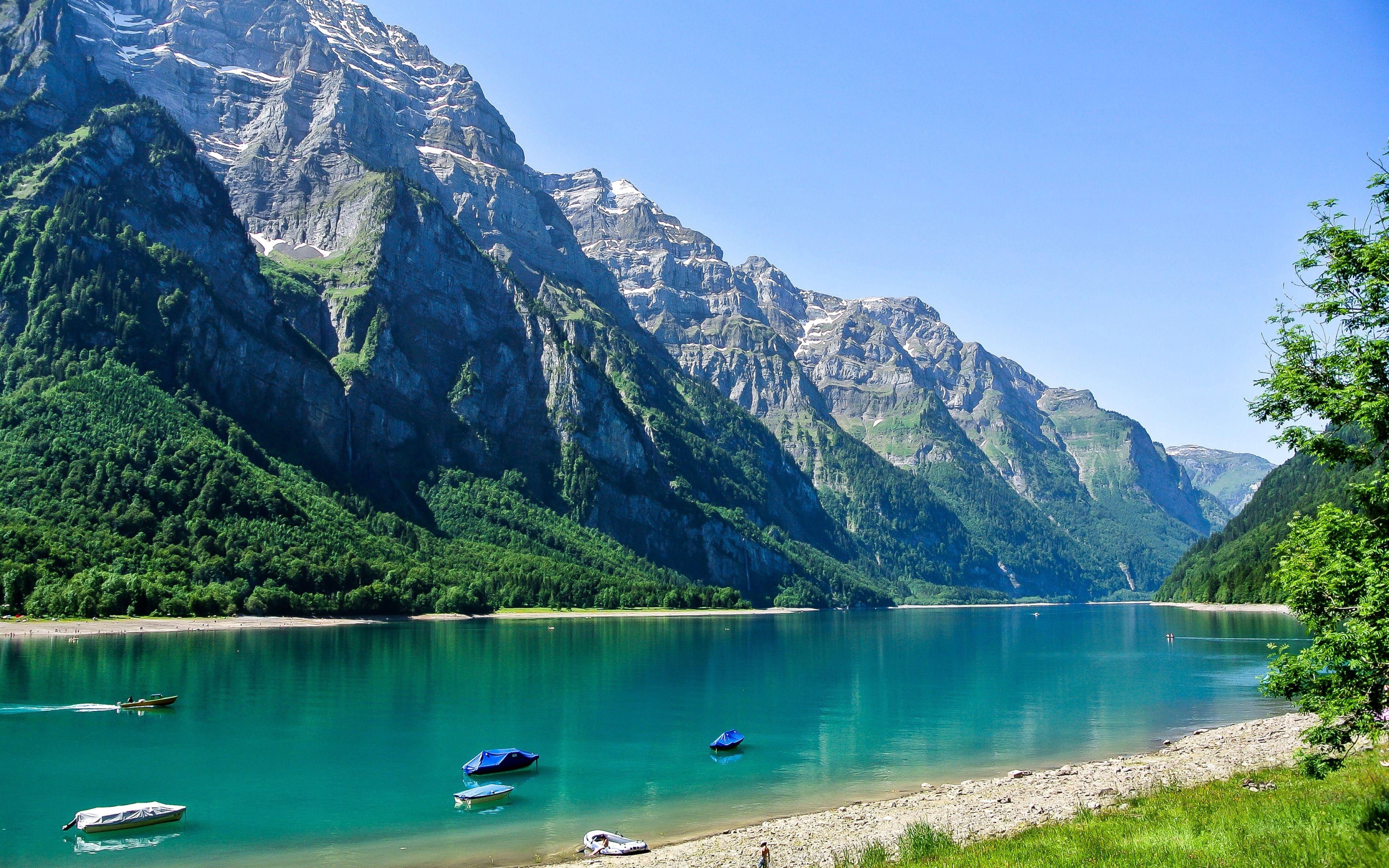 Schweiz, Glarus, Bergsee, Grün, Sandstrand, 3840x2400 4K Desktop