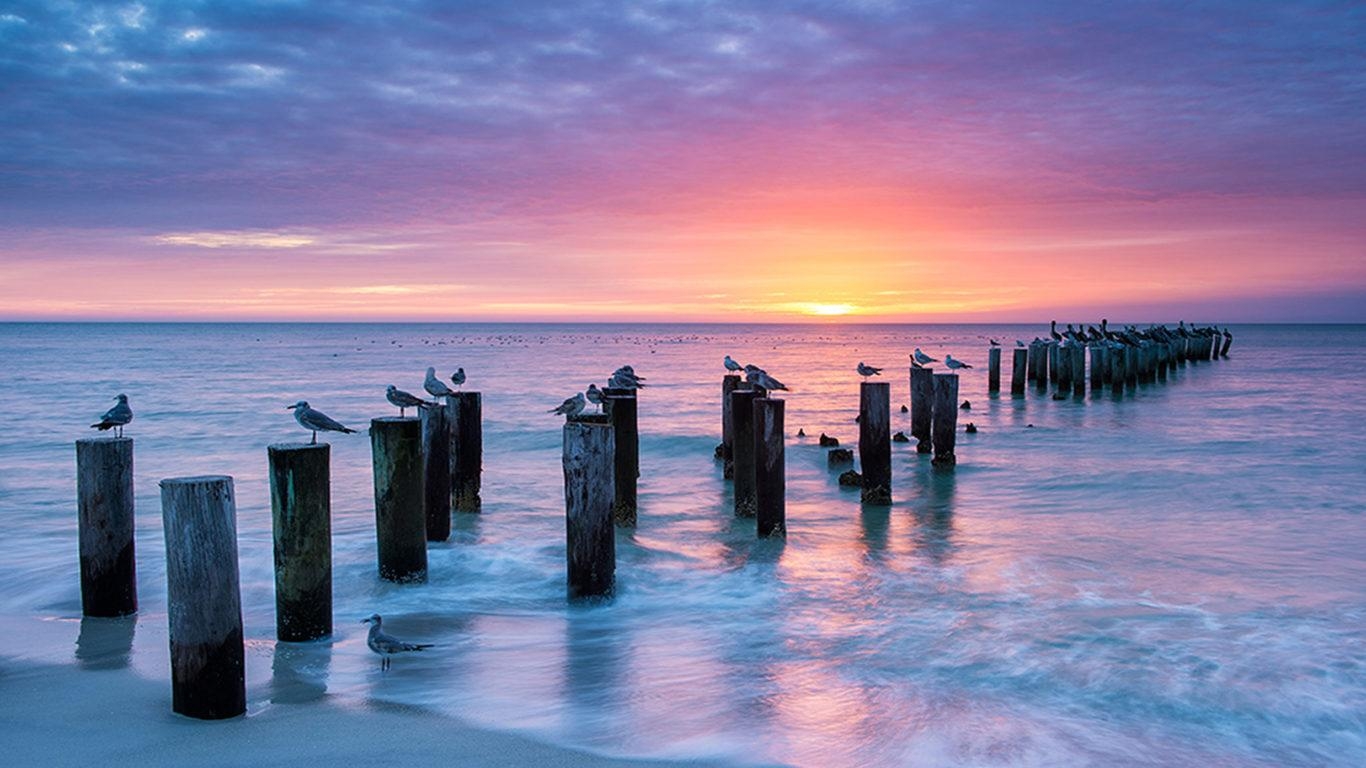 Sonnenuntergang Pier, Fort Myers, USA, Holzpfeiler, 1370x770 HD Desktop