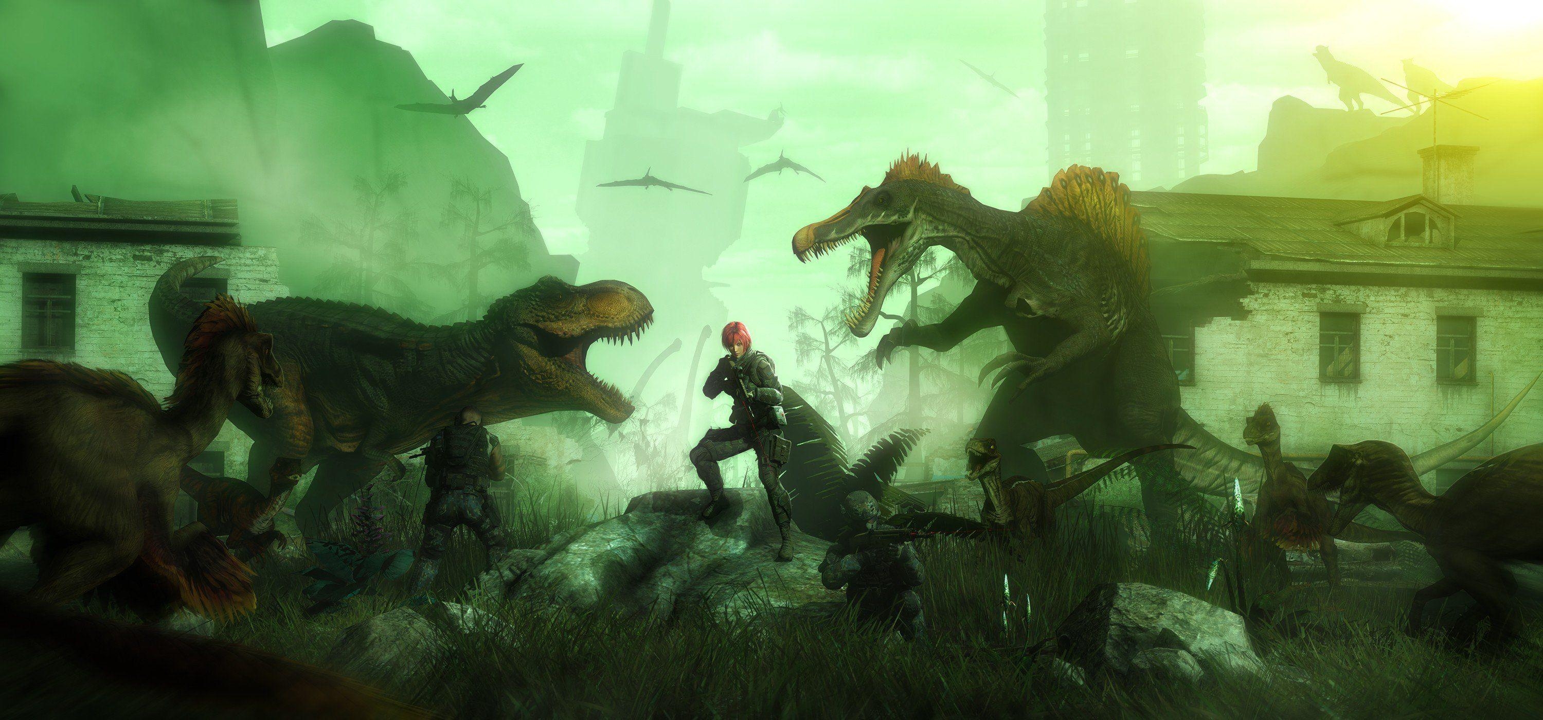 Spinosaurus, Dinosaurier, T-Rex, Waffen, Krise, 3000x1400 Dual Screen Desktop