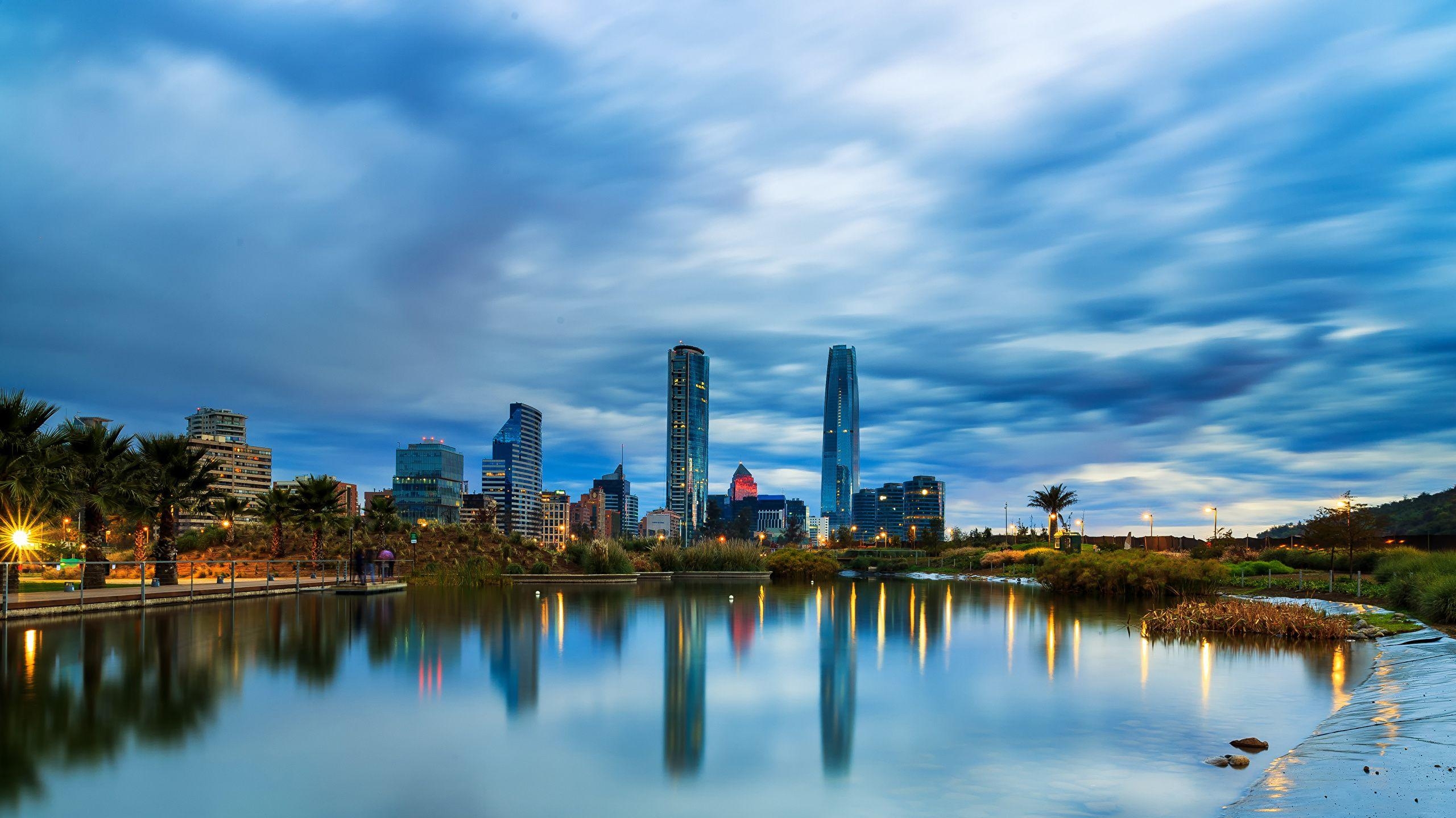 Santiago Chile, Himmel, Flüsse, Stadtbild, Abend, 2560x1440 HD Desktop