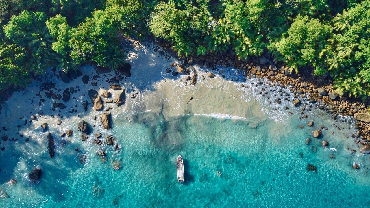 Seychellen, Strand, Luftaufnahme, Silhouette, 4K, 1280x720 HD Desktop