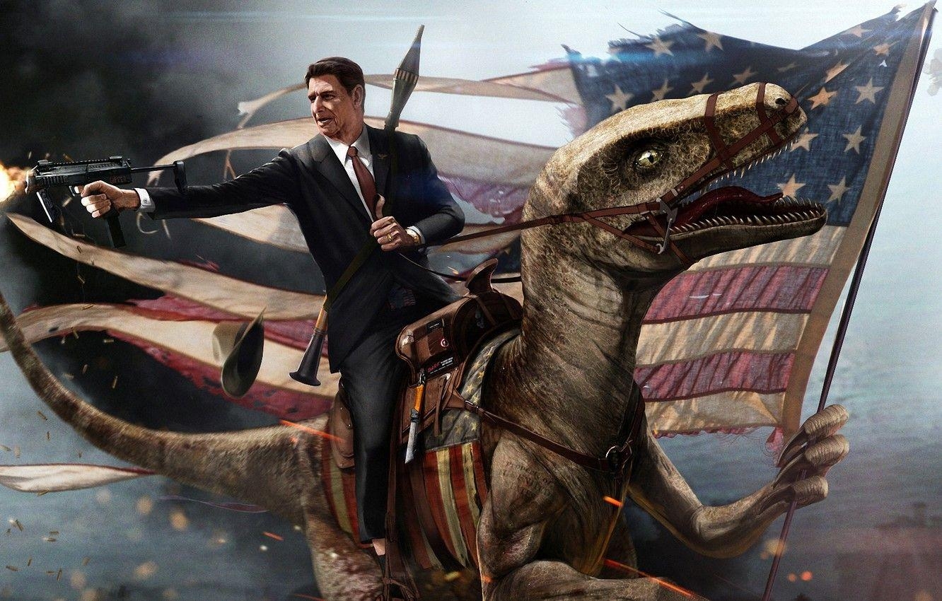 Velociraptor, Kunst, Waffen, USA, Flagge, 1340x850 HD Desktop