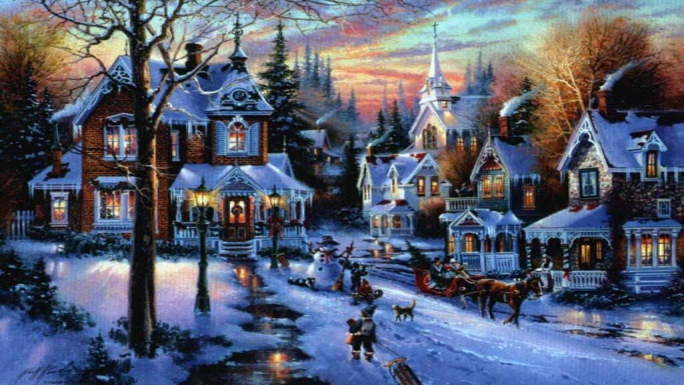 Thomas Kinkade, Kunst, Winterlandschaft, Weihnachtsdorf, Malerei, 1370x770 HD Desktop