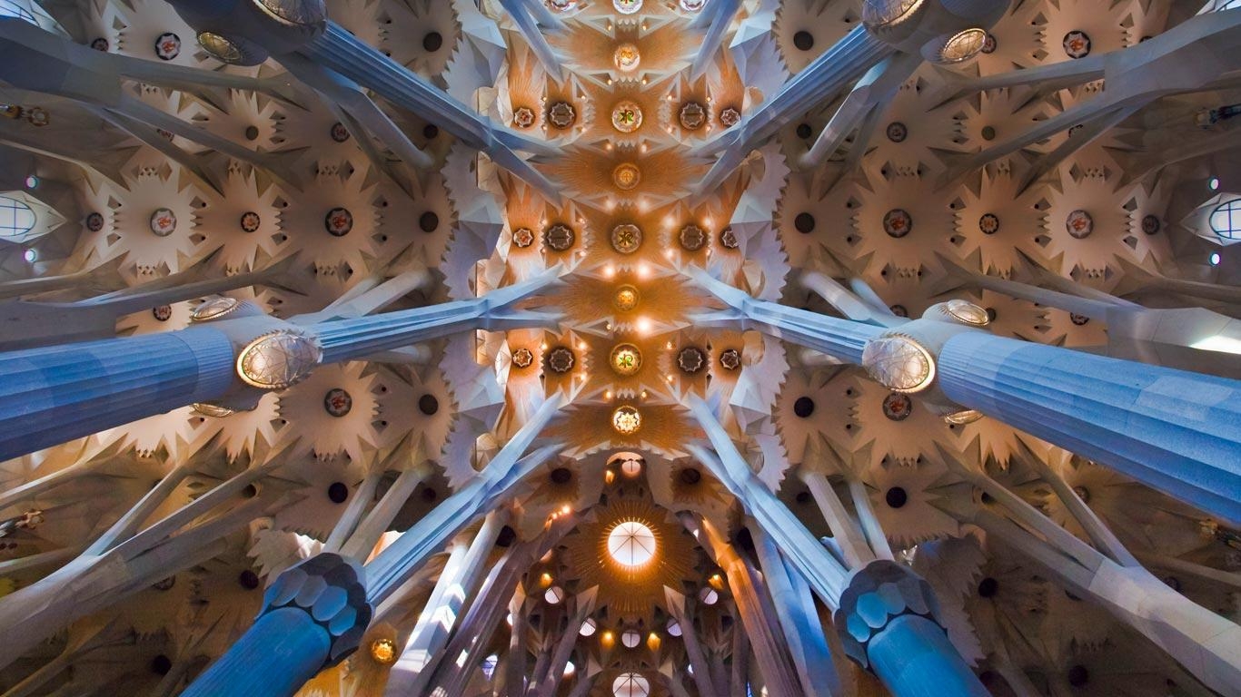 Sagrada Familia, Decke, Barcelona, Spanien, Architekturbetrachtung, 1370x770 HD Desktop