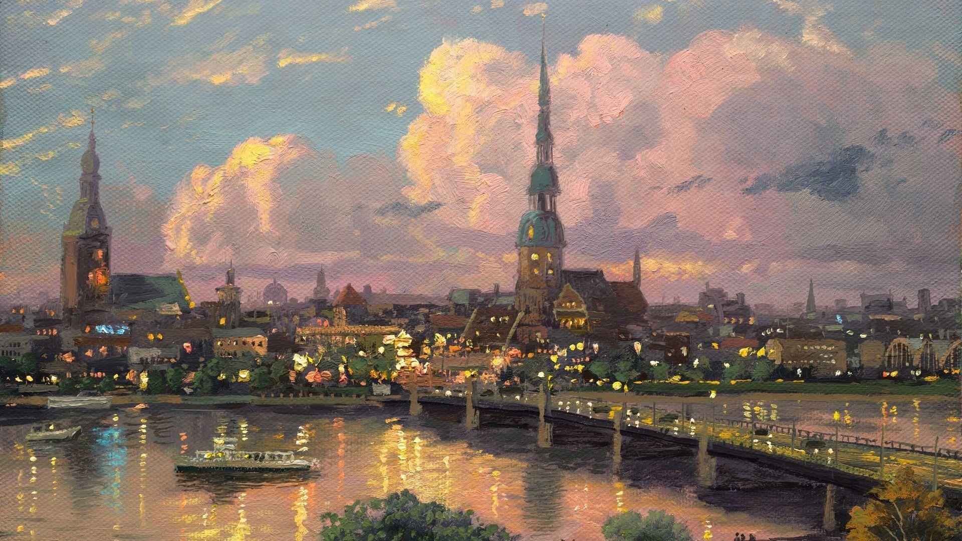 Sonnenuntergang, Riga, Lettland, Malerei, Kinkade, 1920x1080 Full HD Desktop