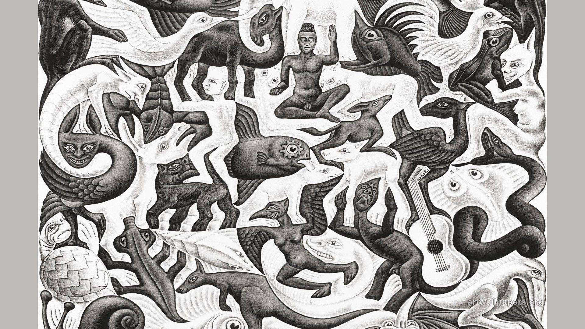 M.C. Escher, phantasievoll, Zeichnung, Struktur, Kunstwerk, 1920x1080 Full HD Desktop