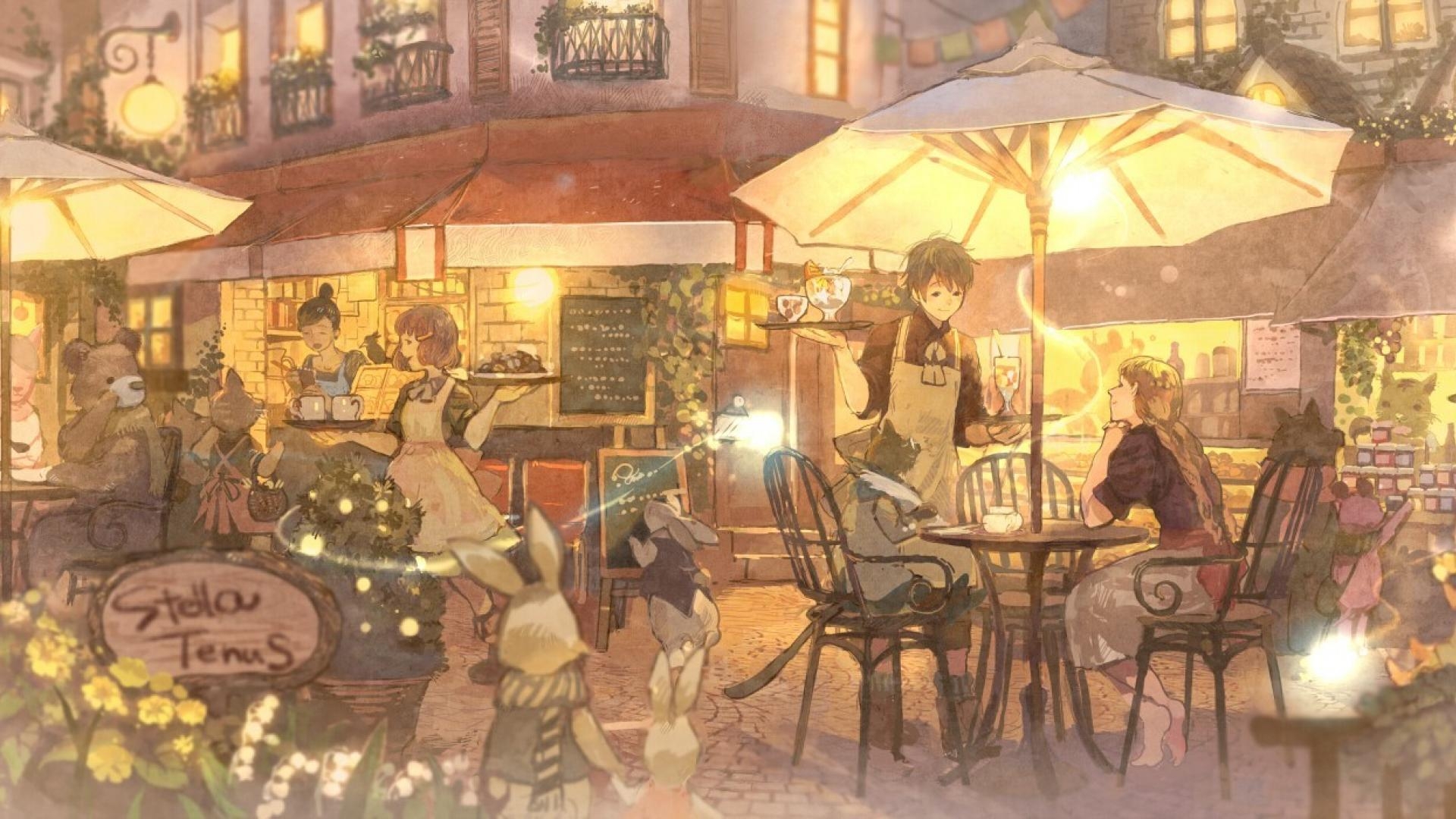 Café, Stühle, Anime, Bären, Regenschirme, 1920x1080 Full HD Desktop