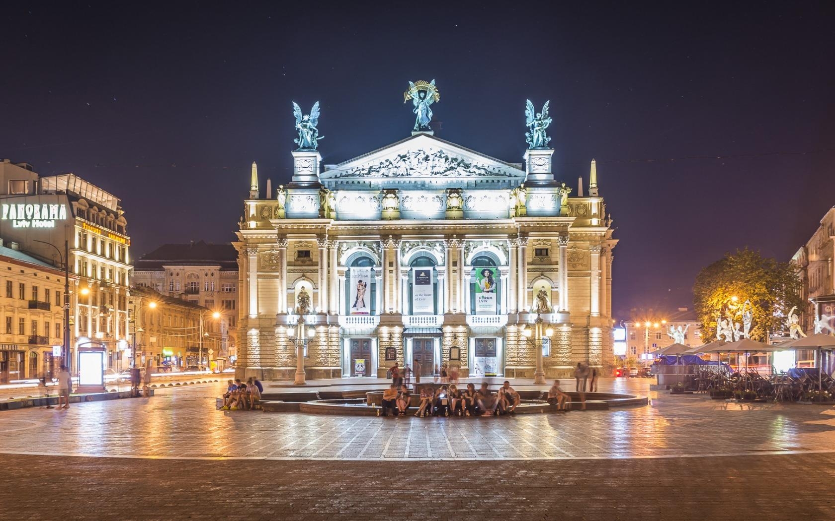 Abendlichter, Brunnen, Lwiw, Oper, Ballett, 1680x1050 HD Desktop