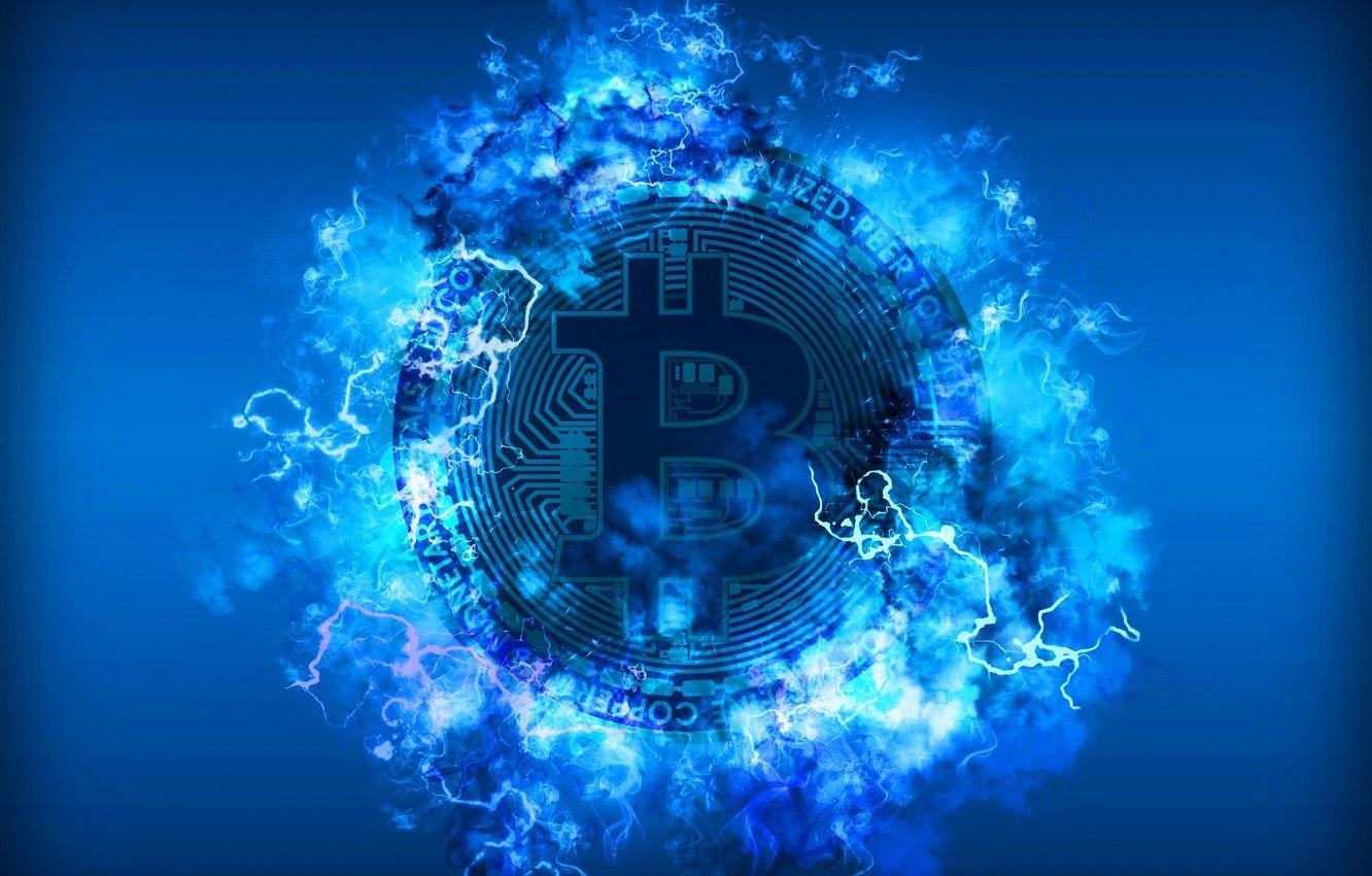 Blitz, blau, Bitcoin, Münze, Hintergrund, 1340x850 HD Desktop