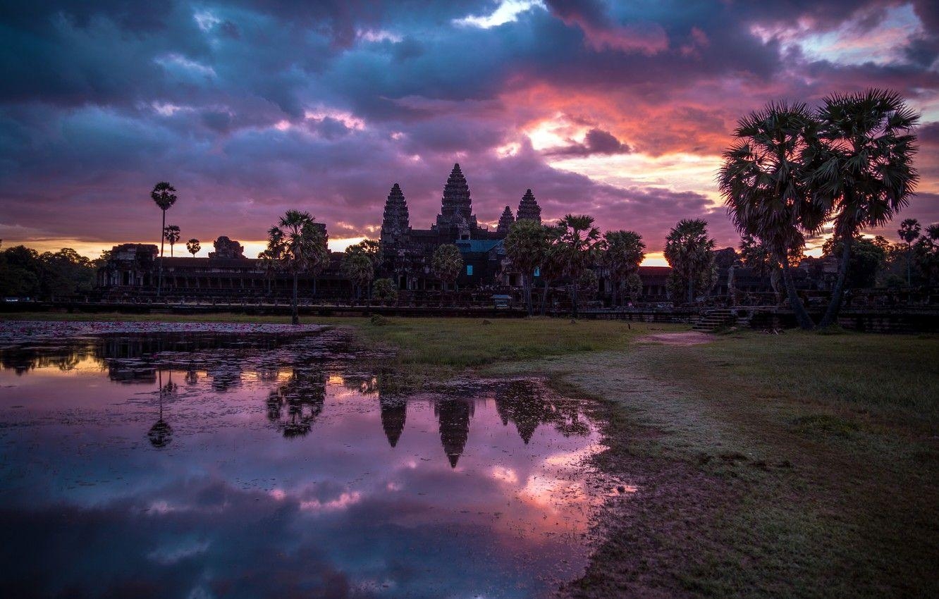 Sonnenaufgang, Kambodscha, Angkor Wat, Landschaft, Tempel, 1340x850 HD Desktop