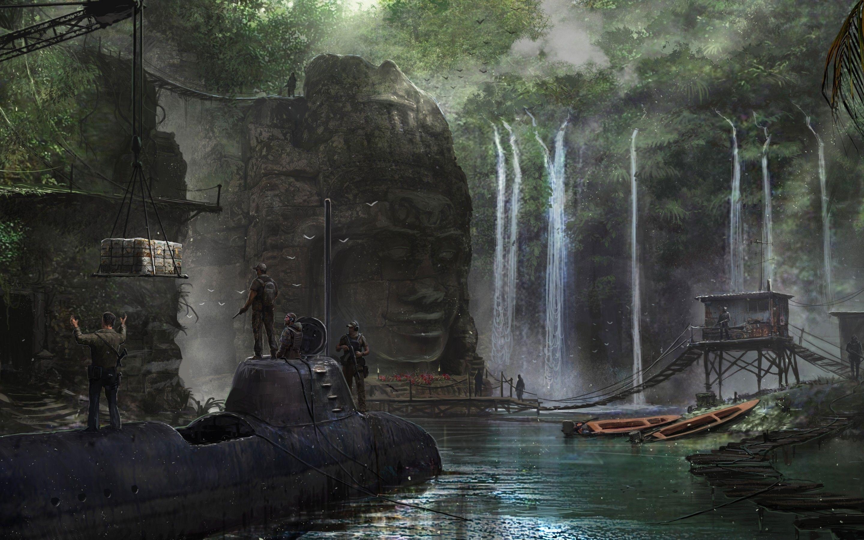 U-Boot, Wasserfall, Natur, Sci-Fi, Menschen, 2880x1800 HD Desktop