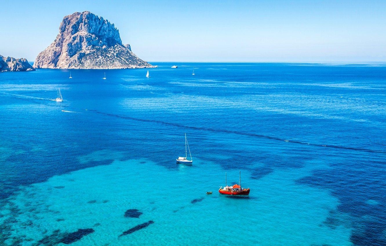 Ibiza, Meer, Felsen, Yachten, Horizont, 1340x850 HD Desktop