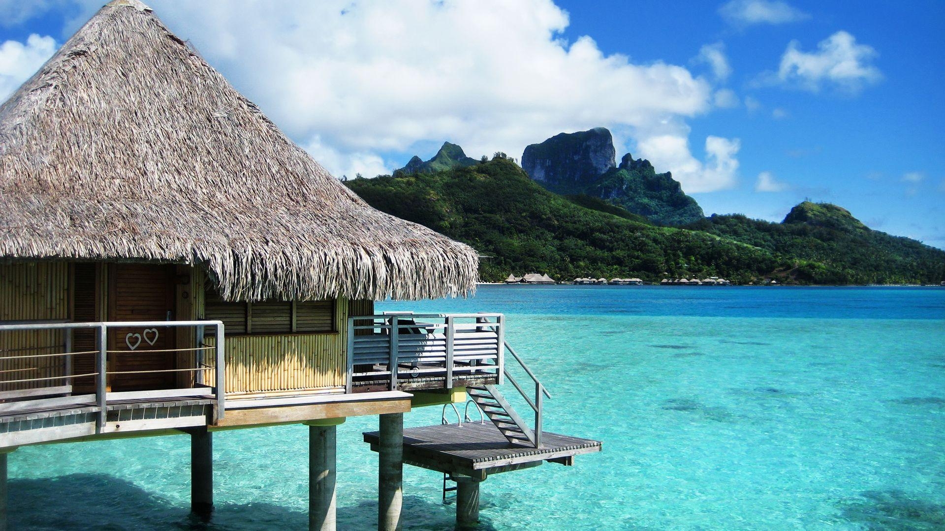 Bora Bora, Bungalow, Strand, Resort, Urlaub, 1920x1080 Full HD Desktop