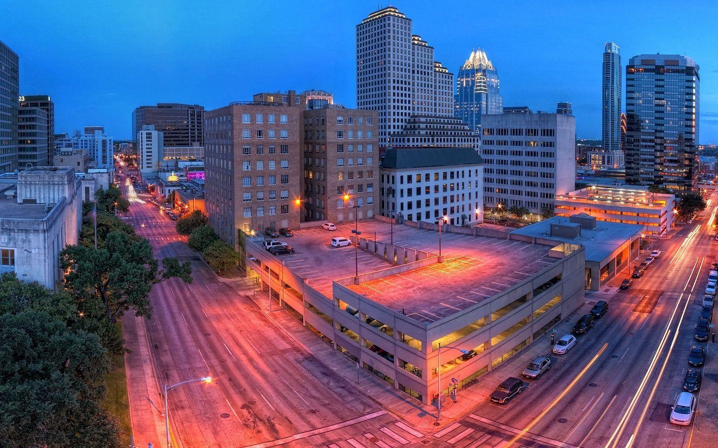 Austin, Texas, Nacht, Gebäude, Autos, 1440x900 HD Desktop