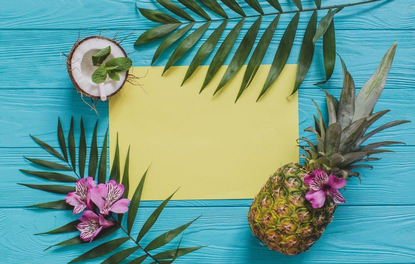 Blätter, Blumen, Kokosnuss, Ananas, Hintergrund, 1340x850 HD Desktop