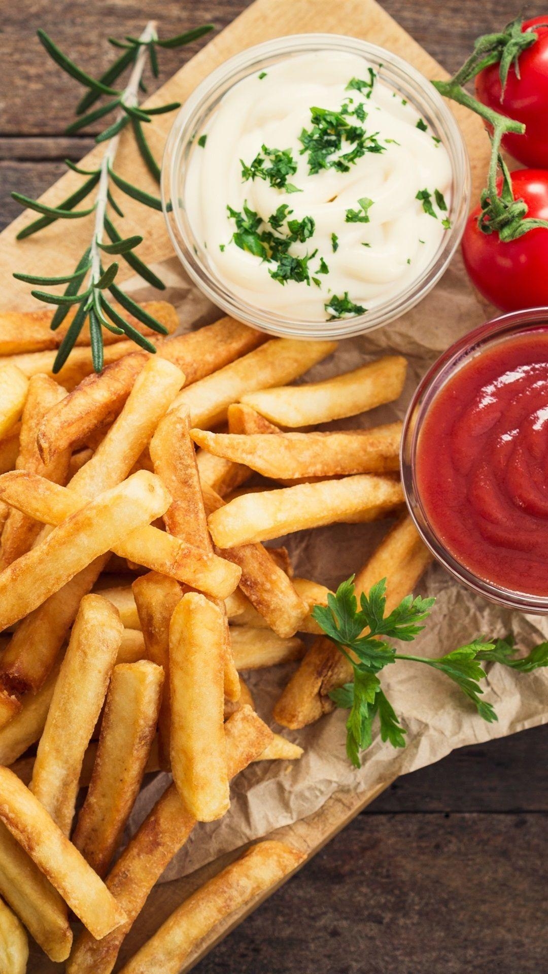 Pommes Frites, Tomaten, Sauce, iPhone, Genuss, 1080x1920 Full HD Handy