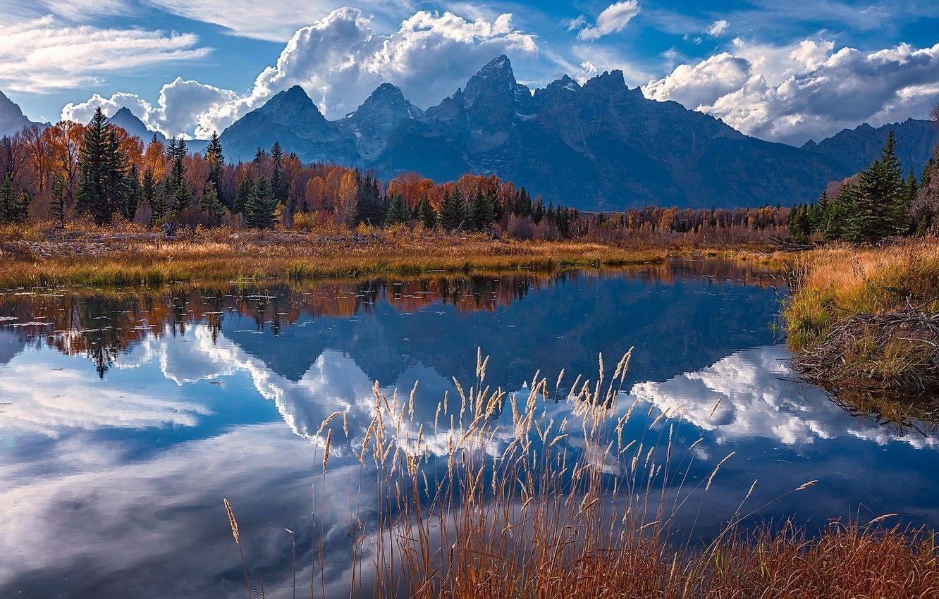 Herbst, Berge, Reflexion, Fluss, Wyoming, 1340x850 HD Desktop