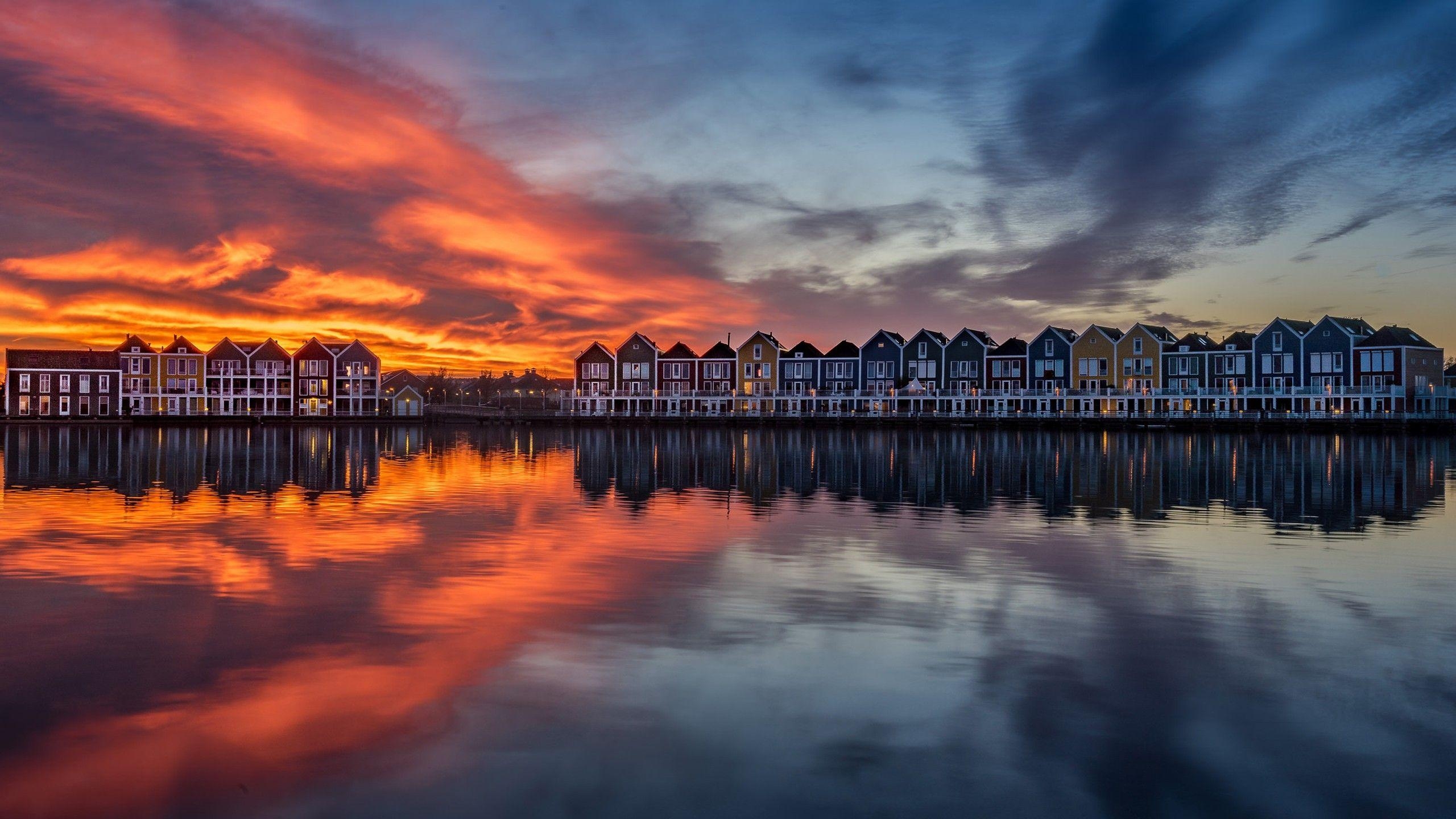 Amsterdam, Reflexion, Sonnenuntergang, Architektur, Himmel, 2560x1440 HD Desktop