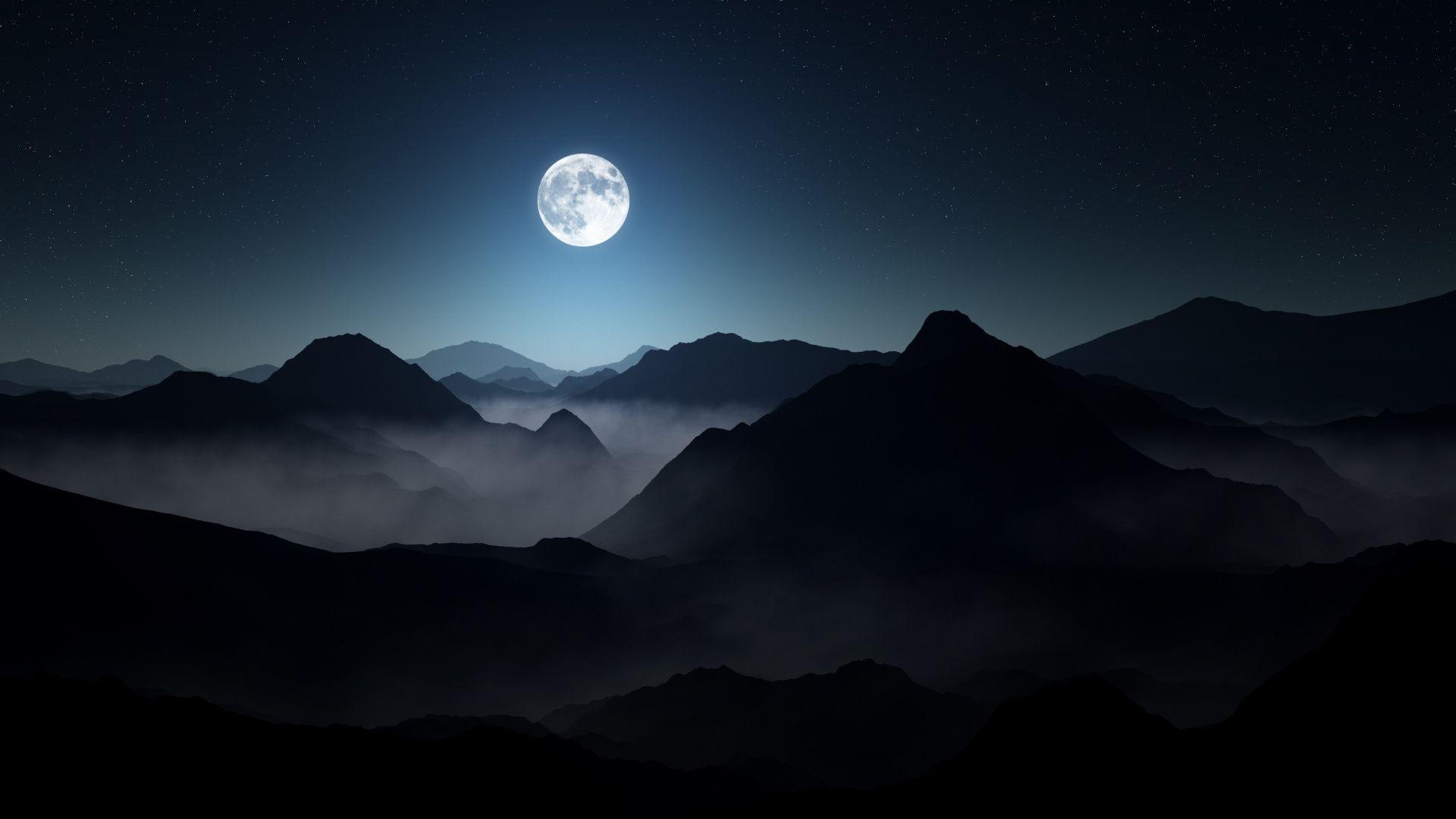 Vollmond, dunkle Berge, Weltraum, Mondschein, Nacht, 1920x1080 Full HD Desktop