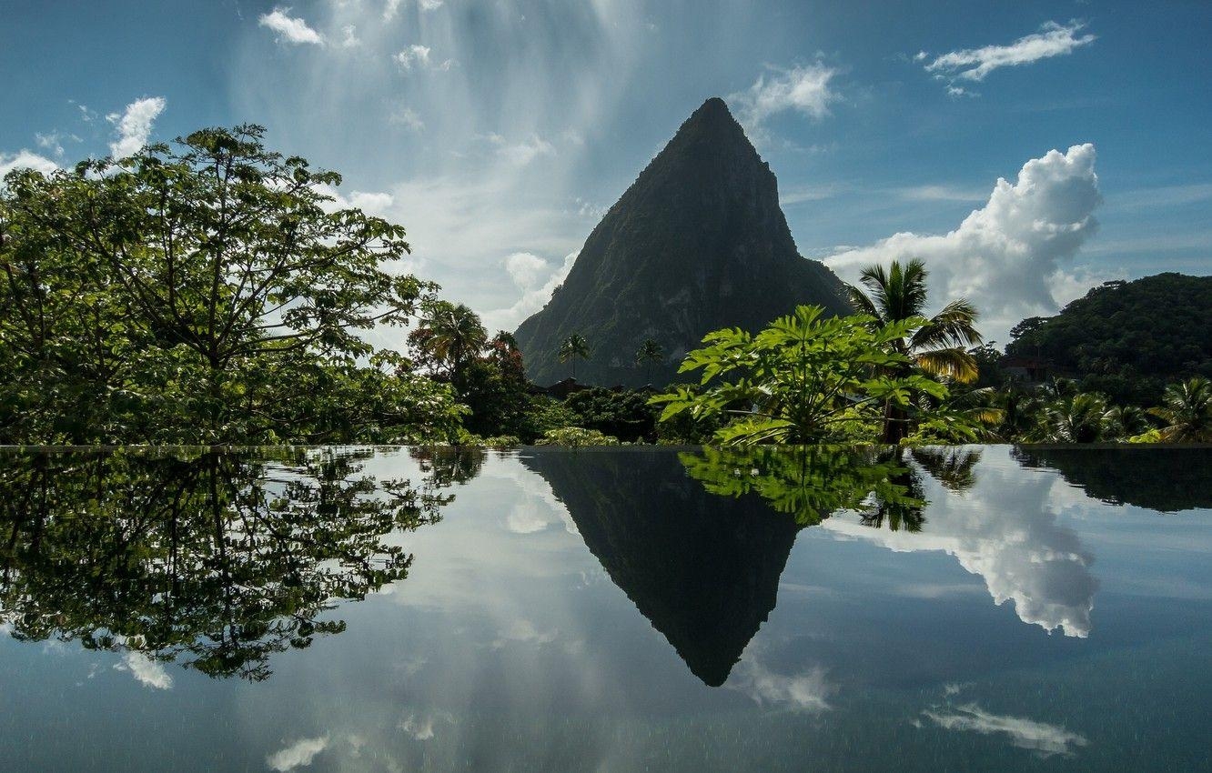 Wasser, Bäume, Reflexion, Soufrière, Westindische Inseln, 1340x850 HD Desktop