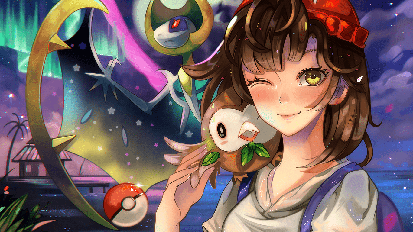 Pokémon Sonne, Mond, Lunala, Rowlet, Zwinkern, 1370x770 HD Desktop