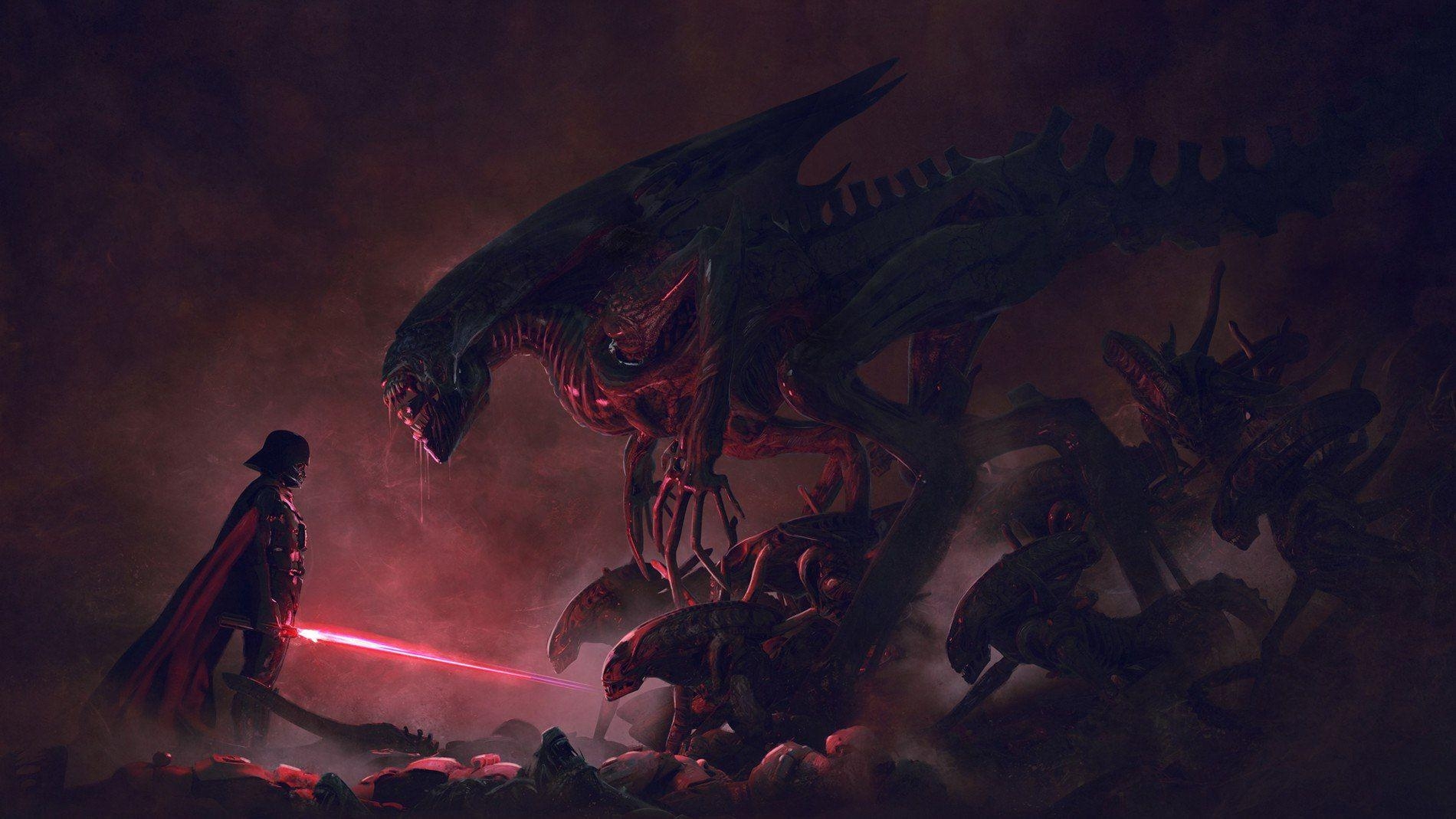 Darth Vader, Aliens, Crossover, Sci-Fi, Dunkelheit, 1900x1070 HD Desktop