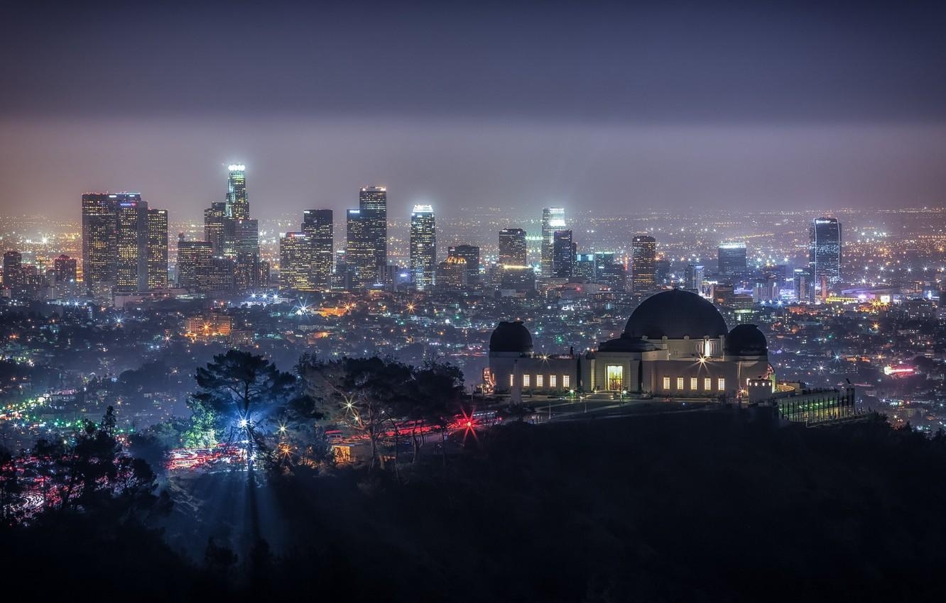 Griffith-Observatorium, Kalifornien, Nachthimmel, Bäume, USA, 1340x850 HD Desktop