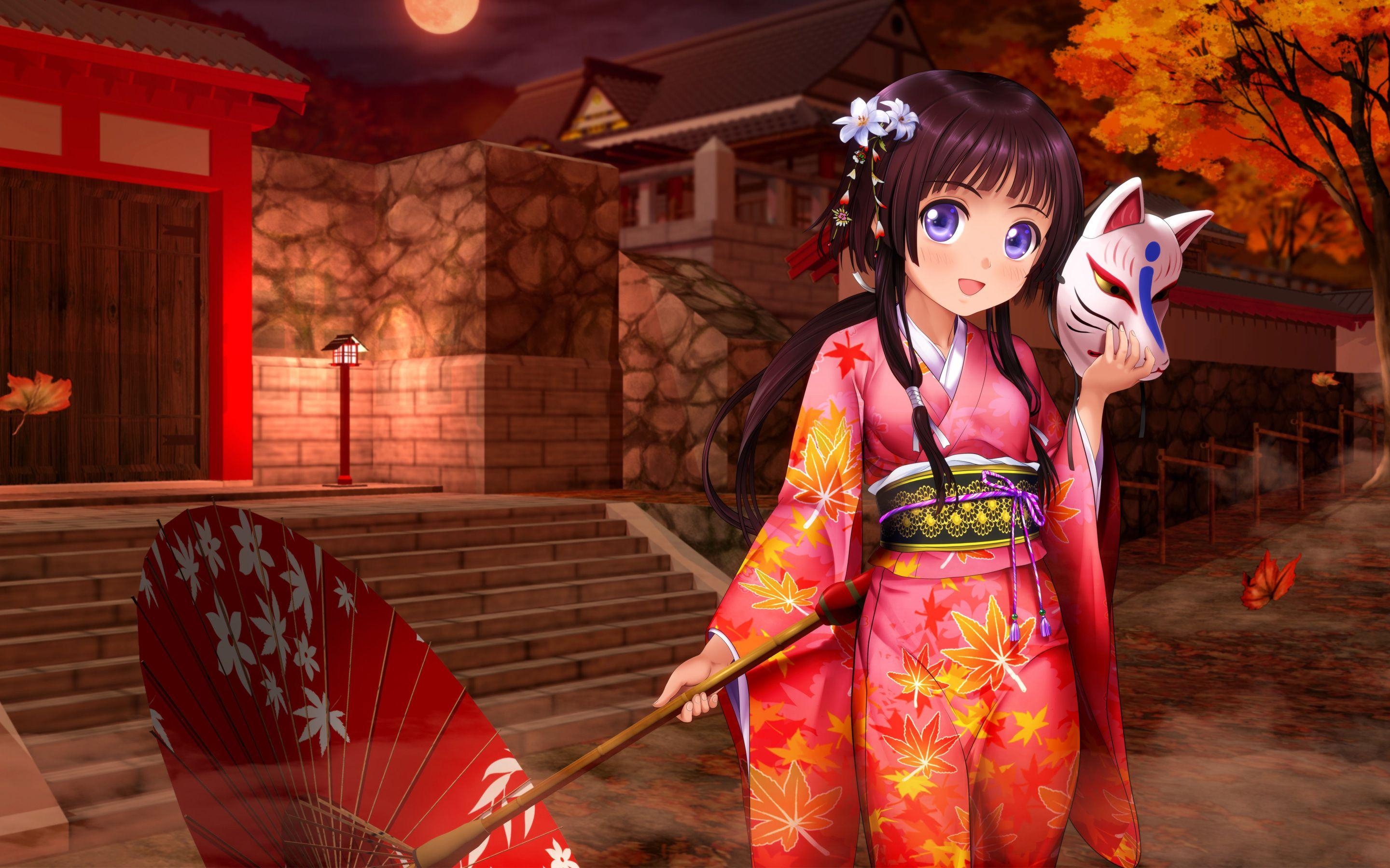 Anime Mädchen, Kimono, Schirm, Kunst, Hintergrund, 2880x1800 HD Desktop