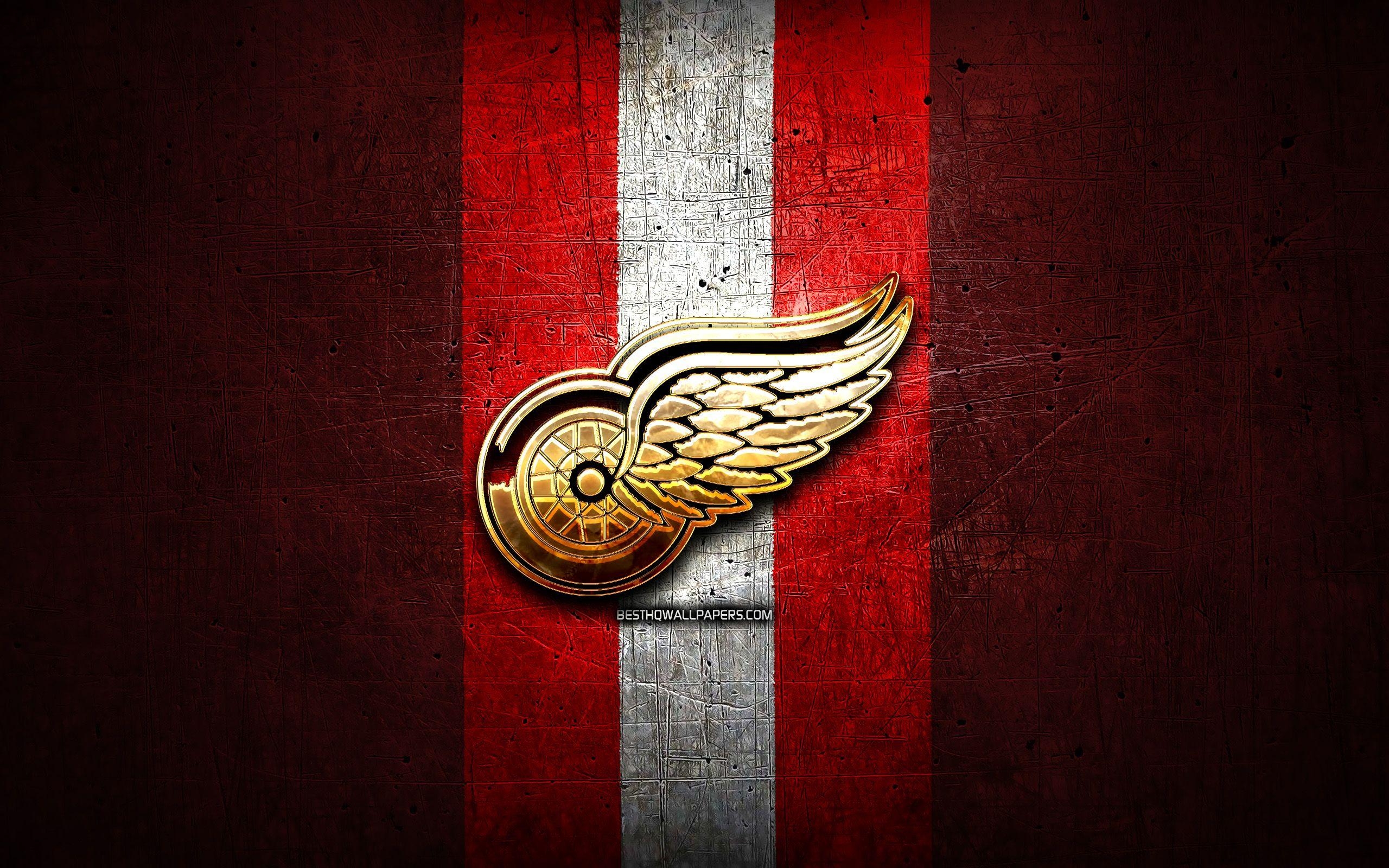 Detroit Red Wings, Goldenes Logo, Roter Metall-Hintergrund, NHL, USA, 2560x1600 HD Desktop