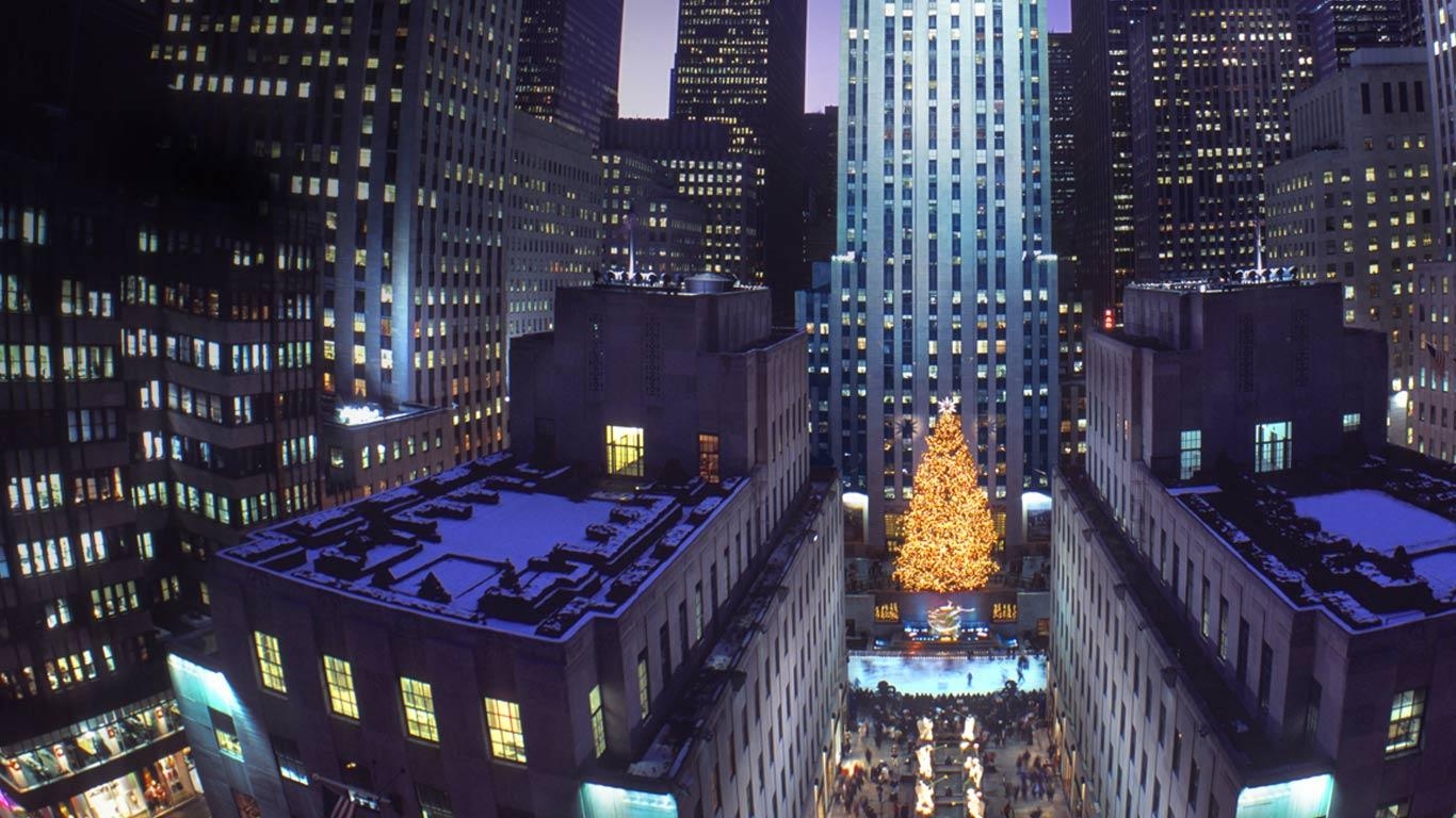 Weihnachtsbaum, Rockefeller Center, New York, Lichter, Festlichkeit, 1370x770 HD Desktop